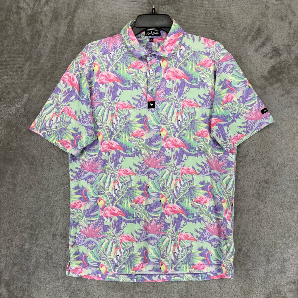 Bad Birdie Golf Polo Shirt Mens Medium M Pink Flamingo Tropical Floral Print SKU